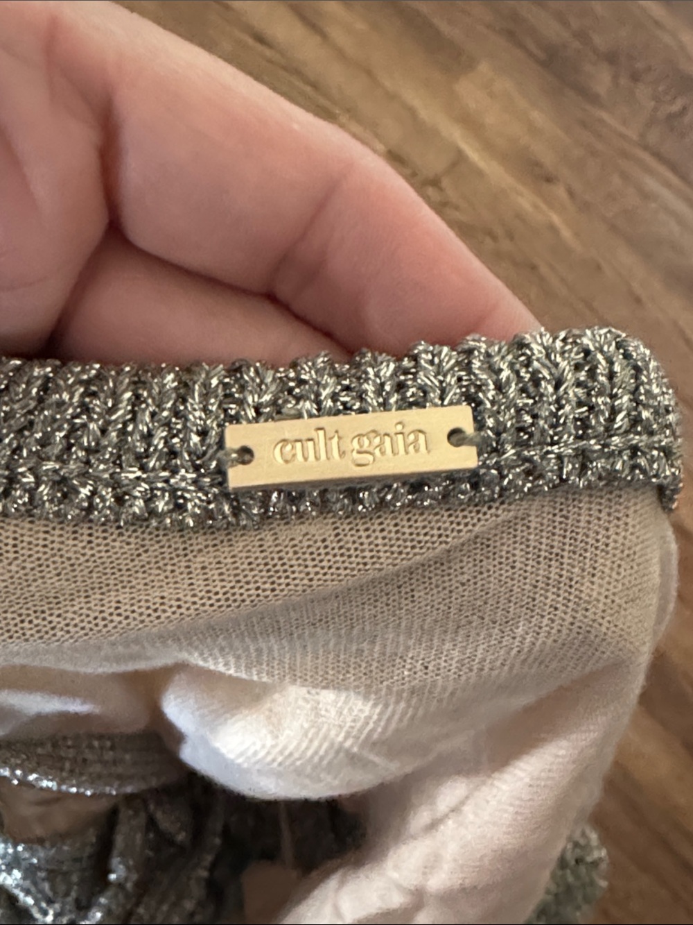 cult gaia Metallic Taupe Crochet Trim Top with Gold Logo Plate - Picture 4 of 4